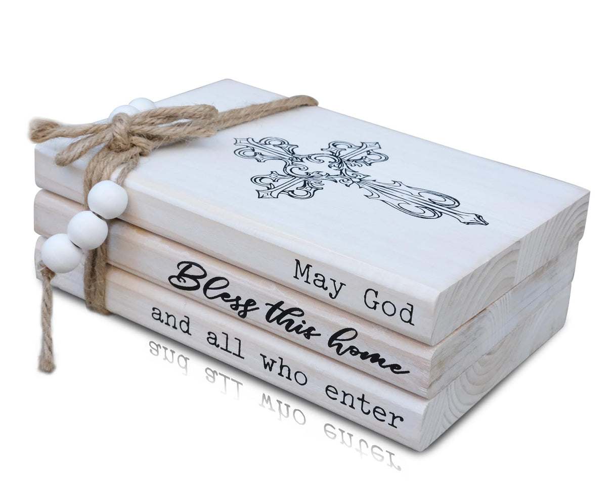 LIVDUCOT Rustic Decorative Coffee Table Books for Home, Wood Book Stack Decor Set of 3, Farmhouse Mantel Decor, Christian Gifts (May God Bless This Home And All Who Enter) LIVDUCOT