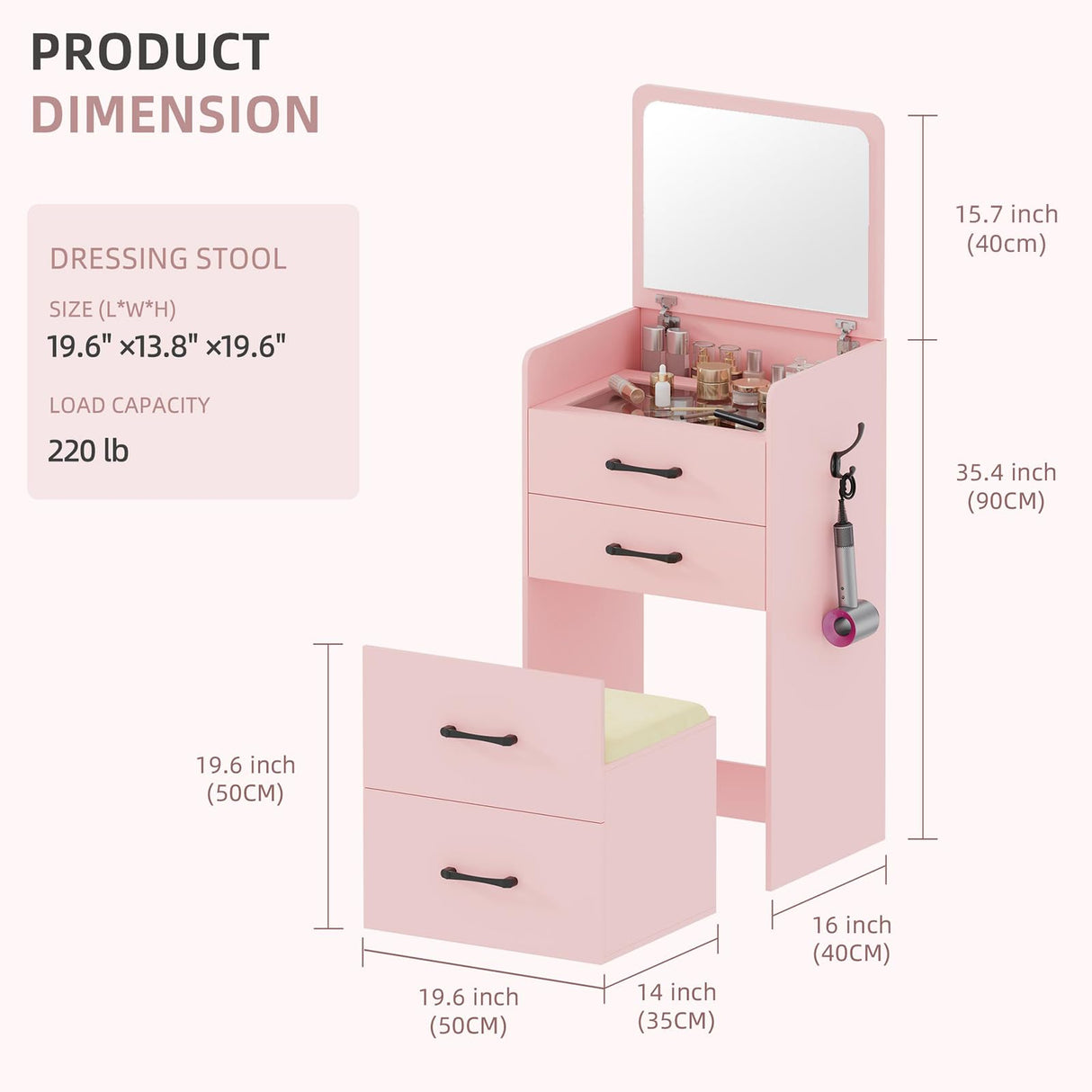 Gurexl 3 in 1 Pink Vanity Desk with Plip Top Mirror,Small Make Up Vanity Set with Visible Glass Desktop,Compact Makeup Vanity with 3 Drawers,Cushioned Tool,Dressing Table for Bedroom Gurexl