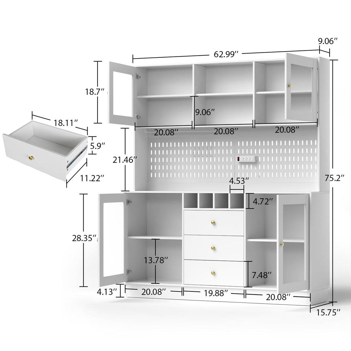 VOWNER Kitchen Hutch Cabinet, Pantry Cabinet, Freestanding Buffet Hutch with Pegboard, Cup Holder, Power Outlet, 4 Doors & 3 Drawers, Cupboard with Microwave Shelf & Wine Racks (White) VOWNER