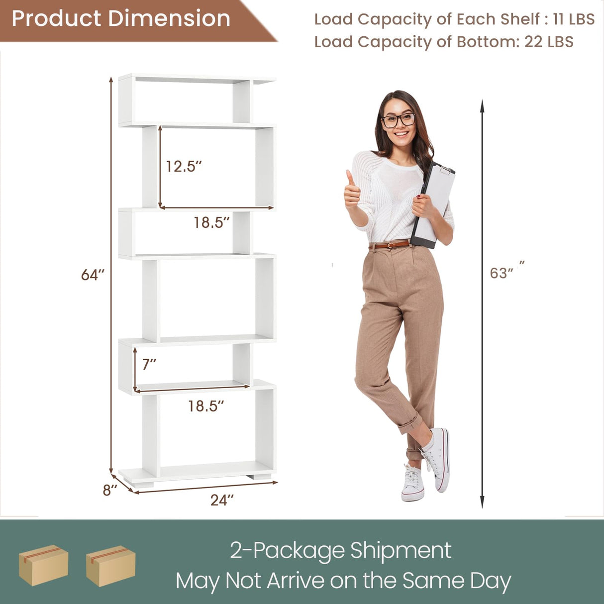 SILKYDRY 6 Tier S Shaped Bookshelf, Wood Geometric Bookcase, Modern Room Divider and Display Shelf, 64" Tall Staggered Bookshelf for Bedroom Living Room Office Study (2, White) SILKYDRY