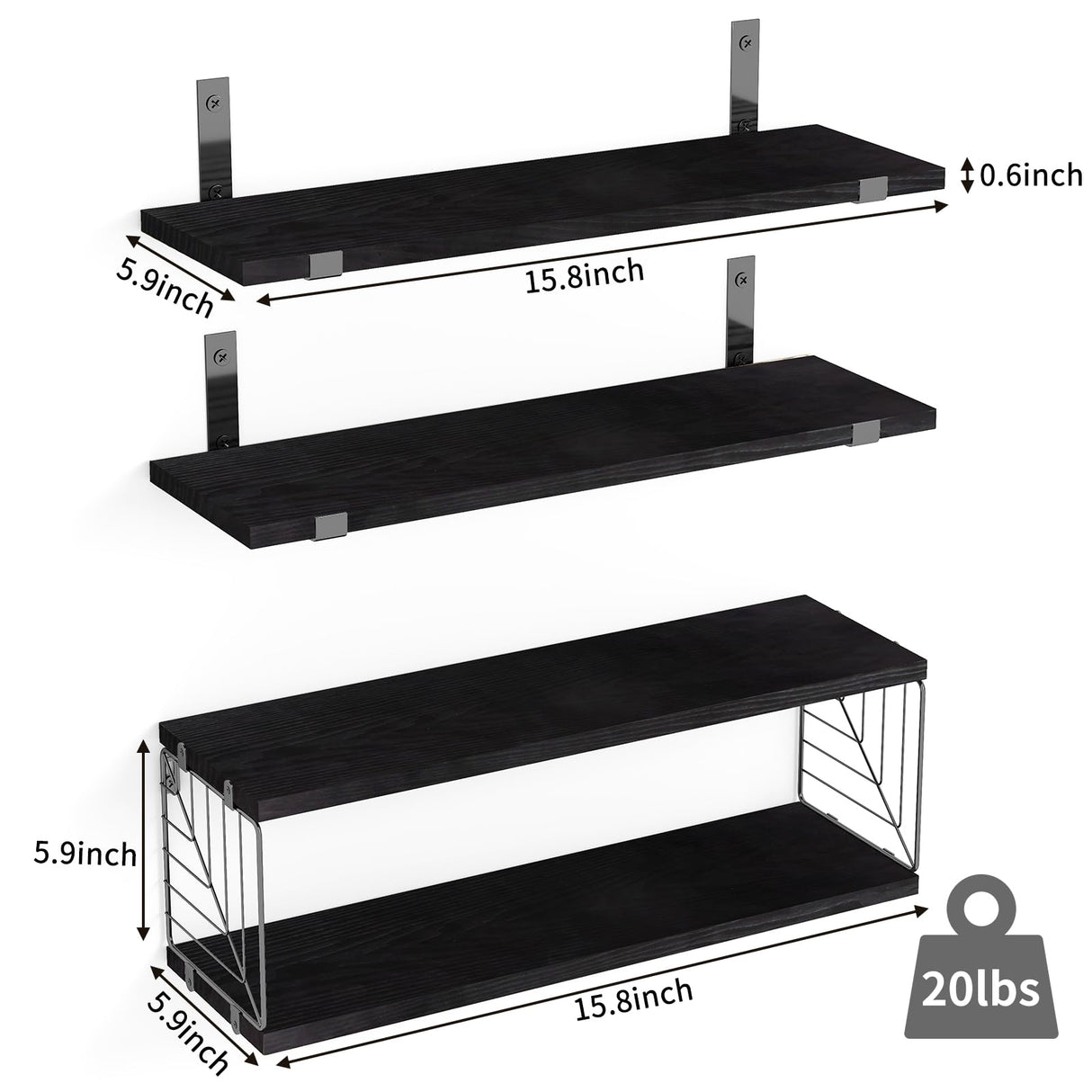 Fixwal 3+1 Tier Bathroom Floating Shelves Over Toilet, 15.8in Farmhouse Rustic Wood Shelves, Wall Decor for Bathroom, Living Room,Bedroom and Kitchen (Black) Fixwal