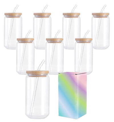 ABBSH Sublimation Glass Blanks With Bamboo Lid, Sublimation Frosted Glass Tumbler 16OZ, Sublimation Beer Can Glass, Frosted sublimation Glass Cups With Bamboo Lids And Straws 8Pack