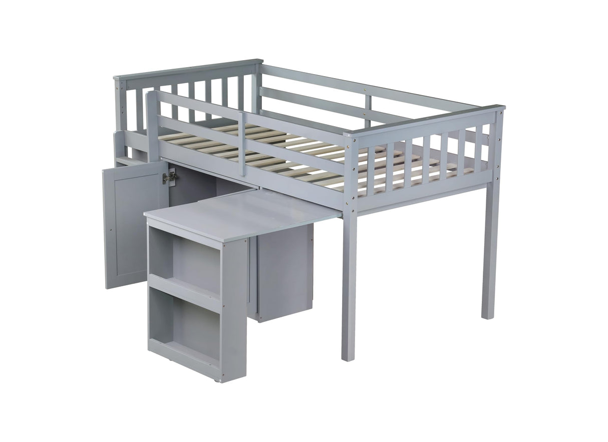 Ball & Cast Twin Loft Bed with Storage Cabinet and Drawer,Rubber Wood Bed Frame w/Safety Guardrail & Ladder,Space-Saving Furniture for Girls Boys Student Dorms,Grey Ball & Cast