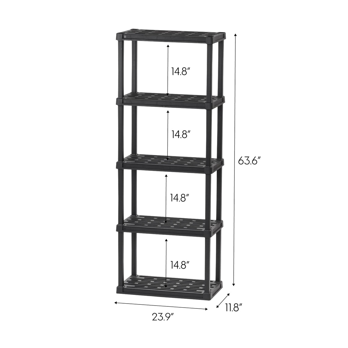 IRIS USA 5-Tier Heavy Duty Plastic Shelving Unit, 64" Tall - 40lbs per Shelf, Modular Garage Rack Storage Organizer for Home, Basement, Laundry & Utility Room, 12"D x 24"W x 64"H - Black IRIS