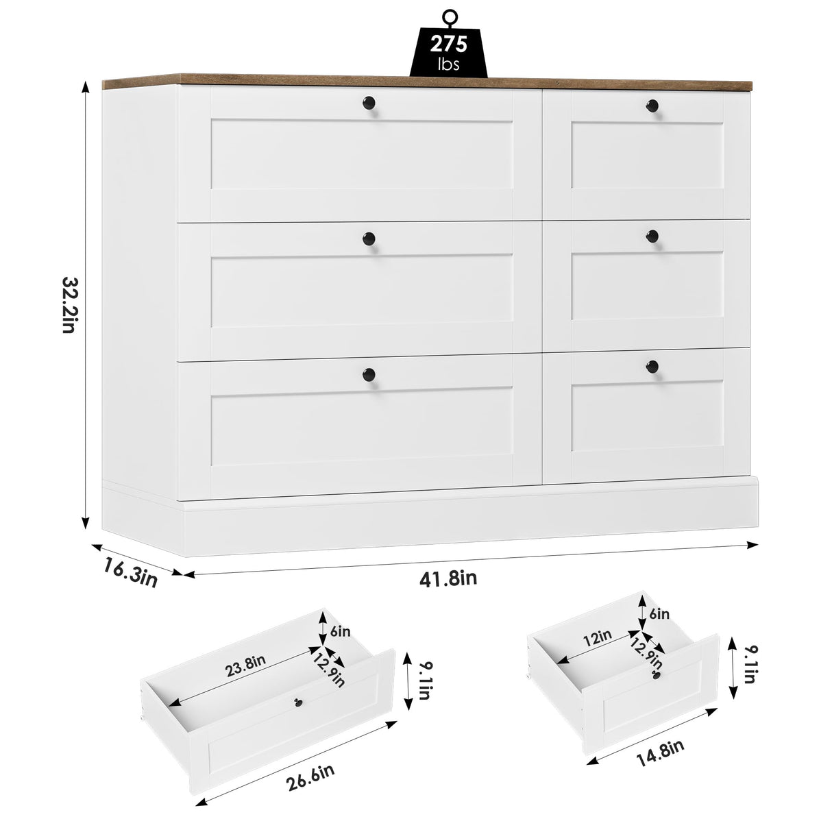 HOSTACK 6 Drawer Dresser, White Dresser for Bedroom, Wood Chest of Drawers, Wide Double Dresser, Modern Farmhouse Drawer Chest for Living Room, Hallway, Entryway, White/Rustic Brown HOSTACK