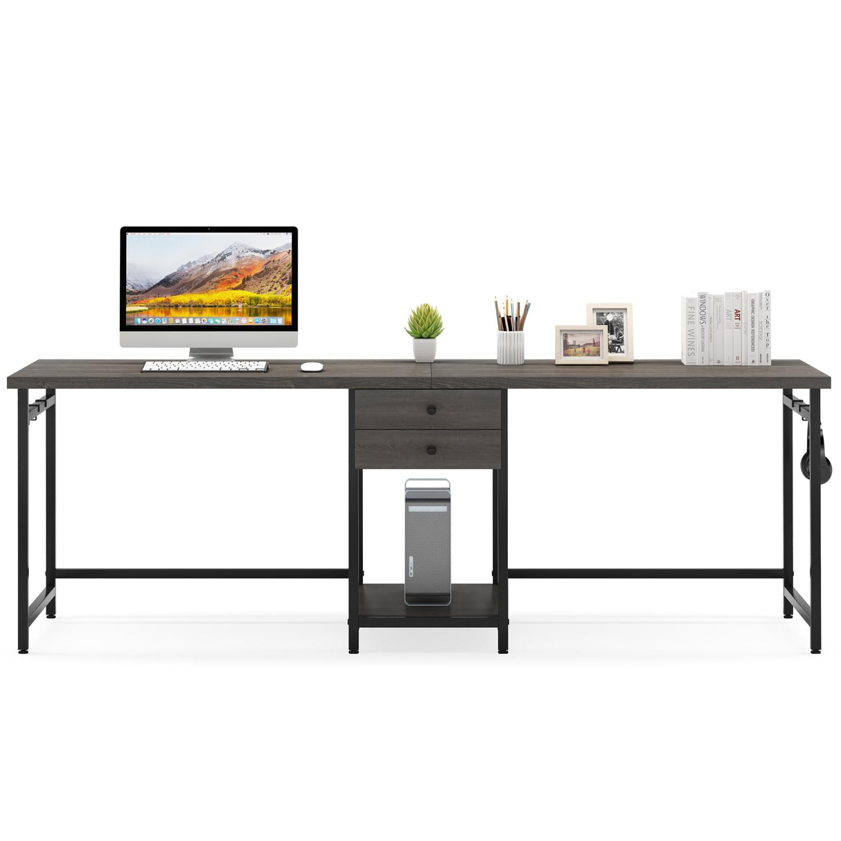 Tribesigns 78.74’’ Two Person Desk with 2 Drawers, Long Double Computer Desk Gaming Table with Shelves, Industrial Study Writing Table Workstation for Home Office, Grey Tribesigns