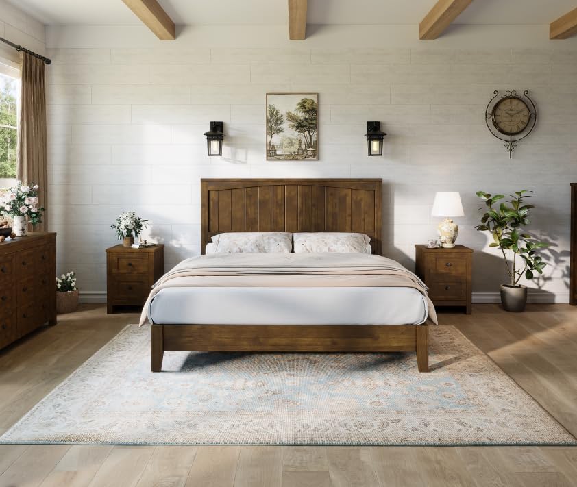 AMERLIFE Solid Wood Bed Frame with 48" Headboard, Mid-Century Modern Platform Bed with Durable Wooden Slats, No Box Spring Needed, Easy Assembly, Quiet, Full Size, Chestnut Finish AMERLIFE