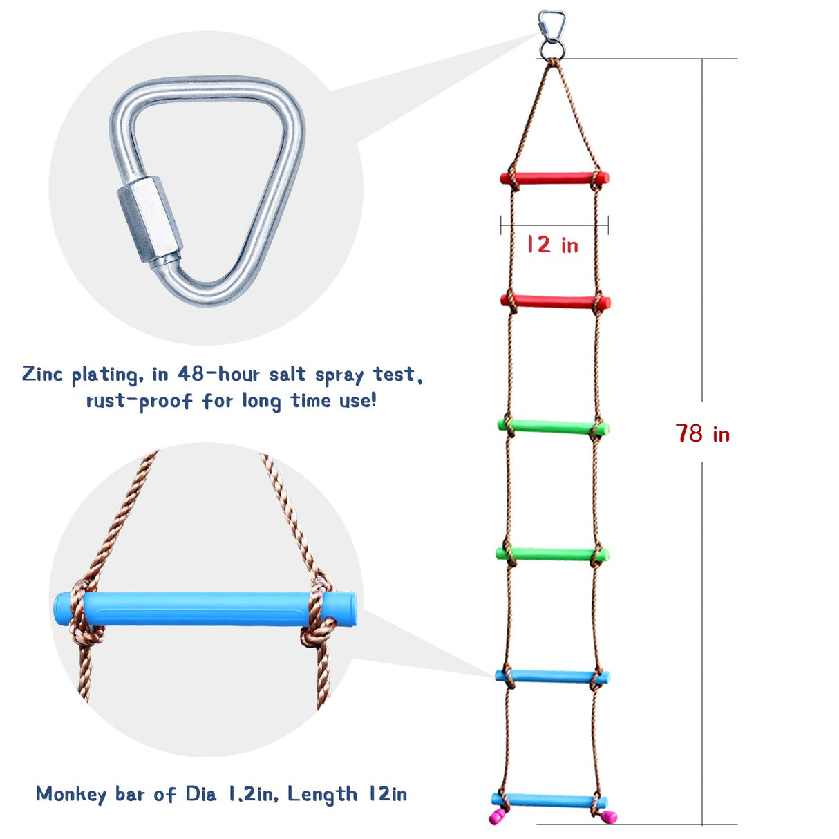 Rainbow Craft 6.6FT Climbing Rope Ninja Ladder for Kids - Kids Ninja Warrior Obstacle Course Accessories - Swing Rope Ladder Rainbow Craft