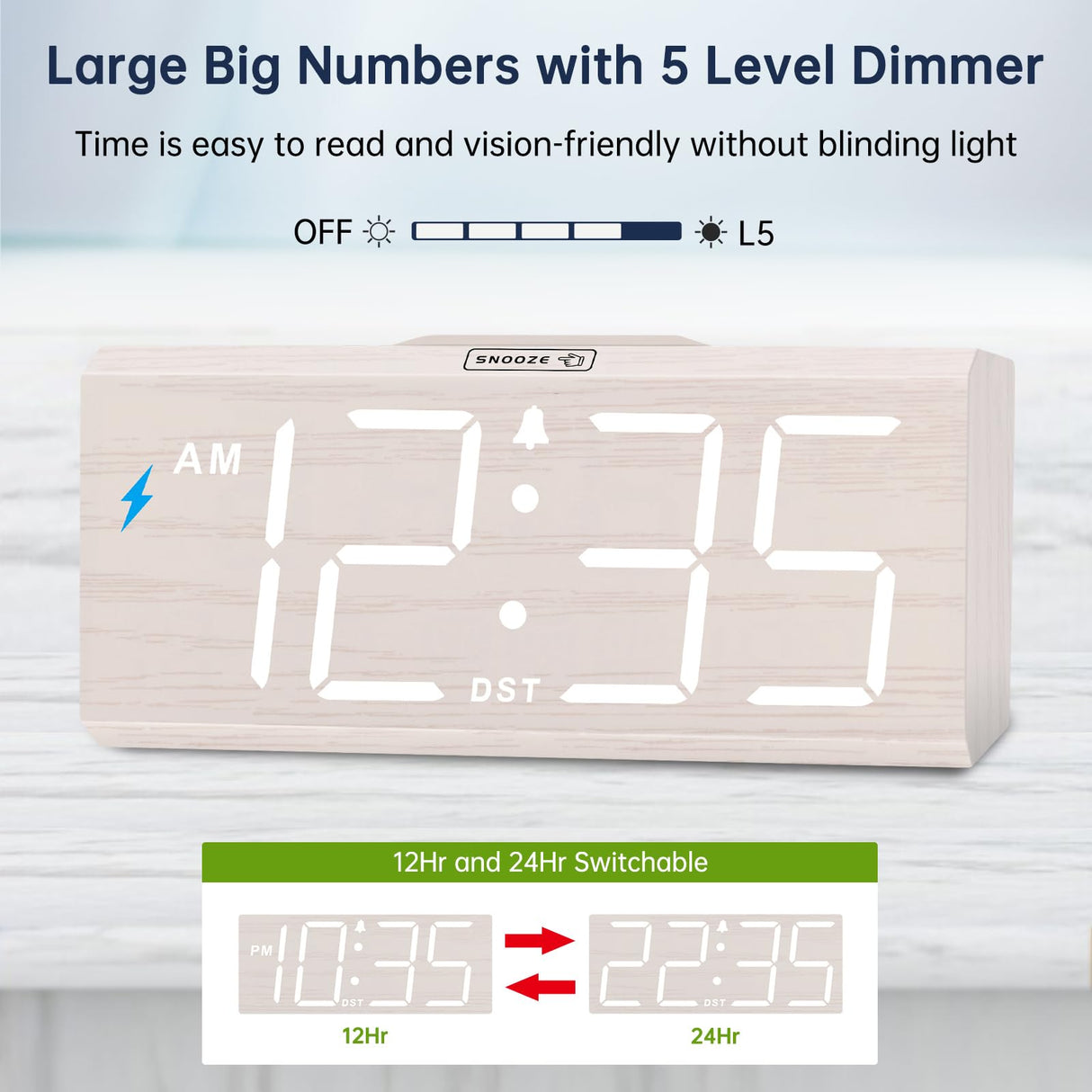 DreamSky Wooden Digital Alarm Clock with Wireless Charging for Bedroom, Bedside Nightstand Clock with Charger Station, USB Port, Large Numbers, Adjustable Volume, Brightness Dimmer, DST DreamSky