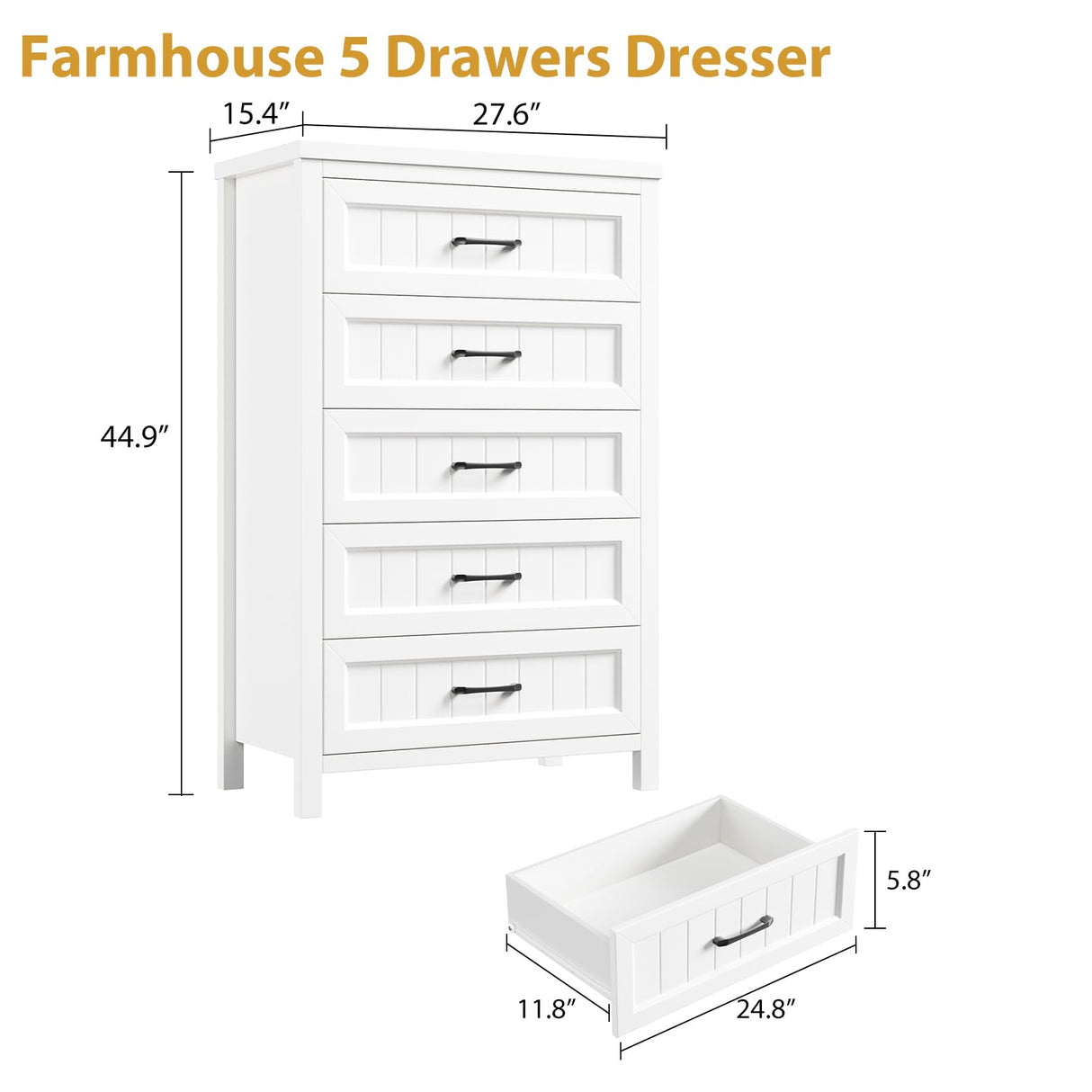 Jocoevol 5 Drawer Dresser for Bedroom - Farmhouse 44.9" Tall Chest of Dresser with Large Storage, Rubst Wood Construction for Living Room, Hallway & Entryway - White Jocoevol