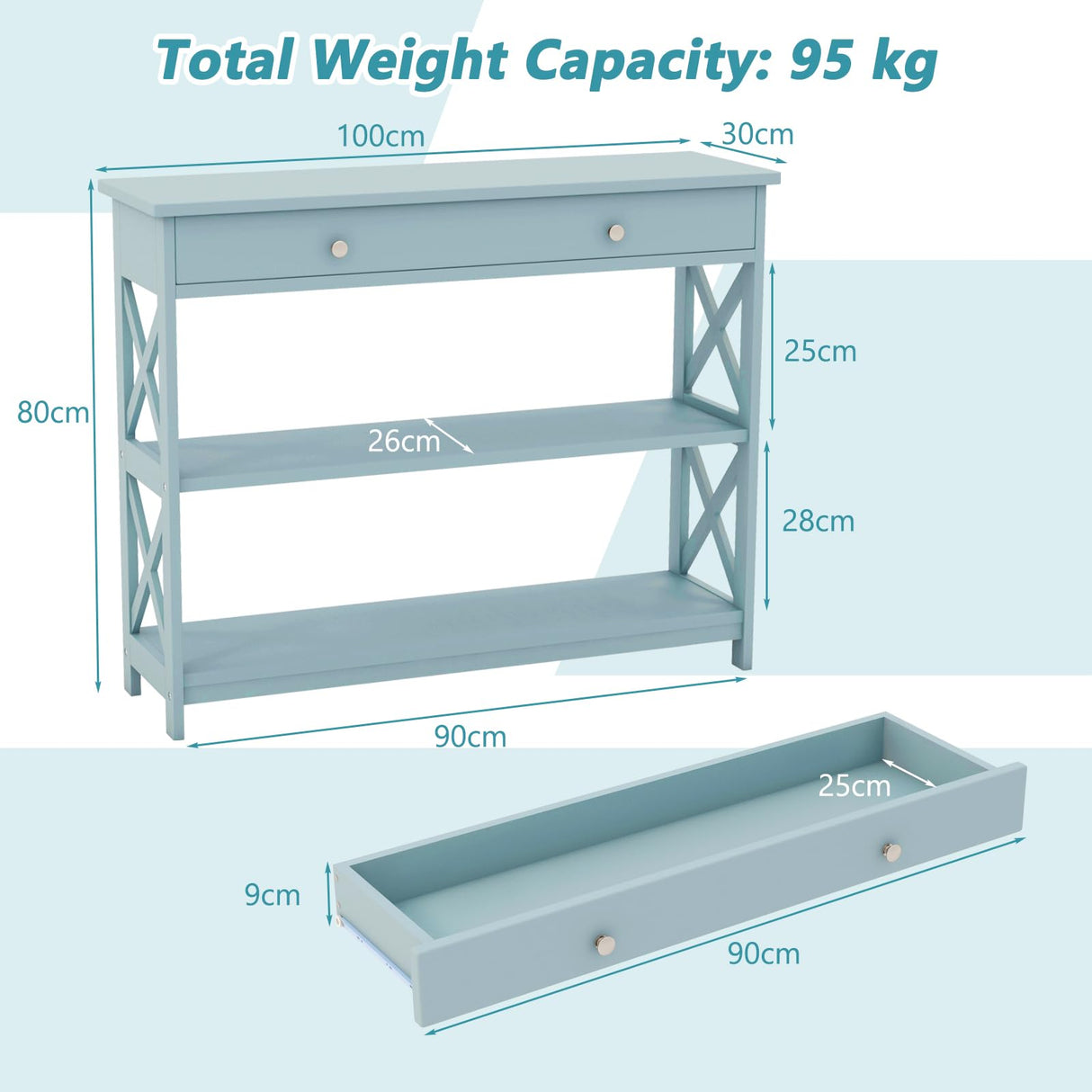 GOFLAME 3-Tier Sofa Tables, Long Narrow Console Table with Large Drawer & 2 Open Storage Shelves, Wooden Entry Table, Modern Entryway Table with Storage for Living Room, Entryway, Hallway (Green) GOFLAME