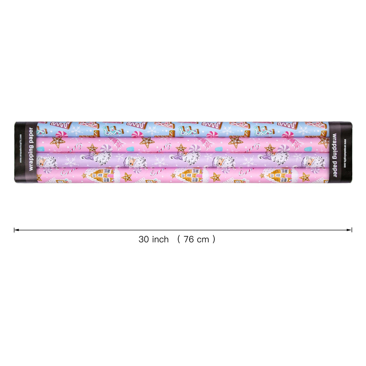 WRAPAHOLIC 30 Inch Christmas Wrapping Paper Roll - Jumbo Roll Pastel Pink Purple Gingerbread House and Santa Claus Design with Embossed - 4 Rolls - 30 Inch x 120 Inch Per Roll WRAPAHOLIC