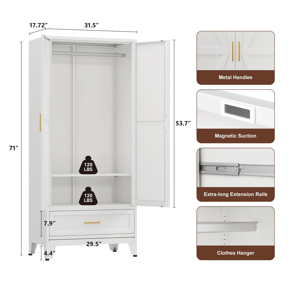 YAUWOH Farmhouse Wardrobe Cabinet with One Drawers,Metal Wardrobe Closet with Hanging Rod,Metal Armoire with Adjustable Shelves for Bedroom,Cloak Room,Office (White) YAUWOH