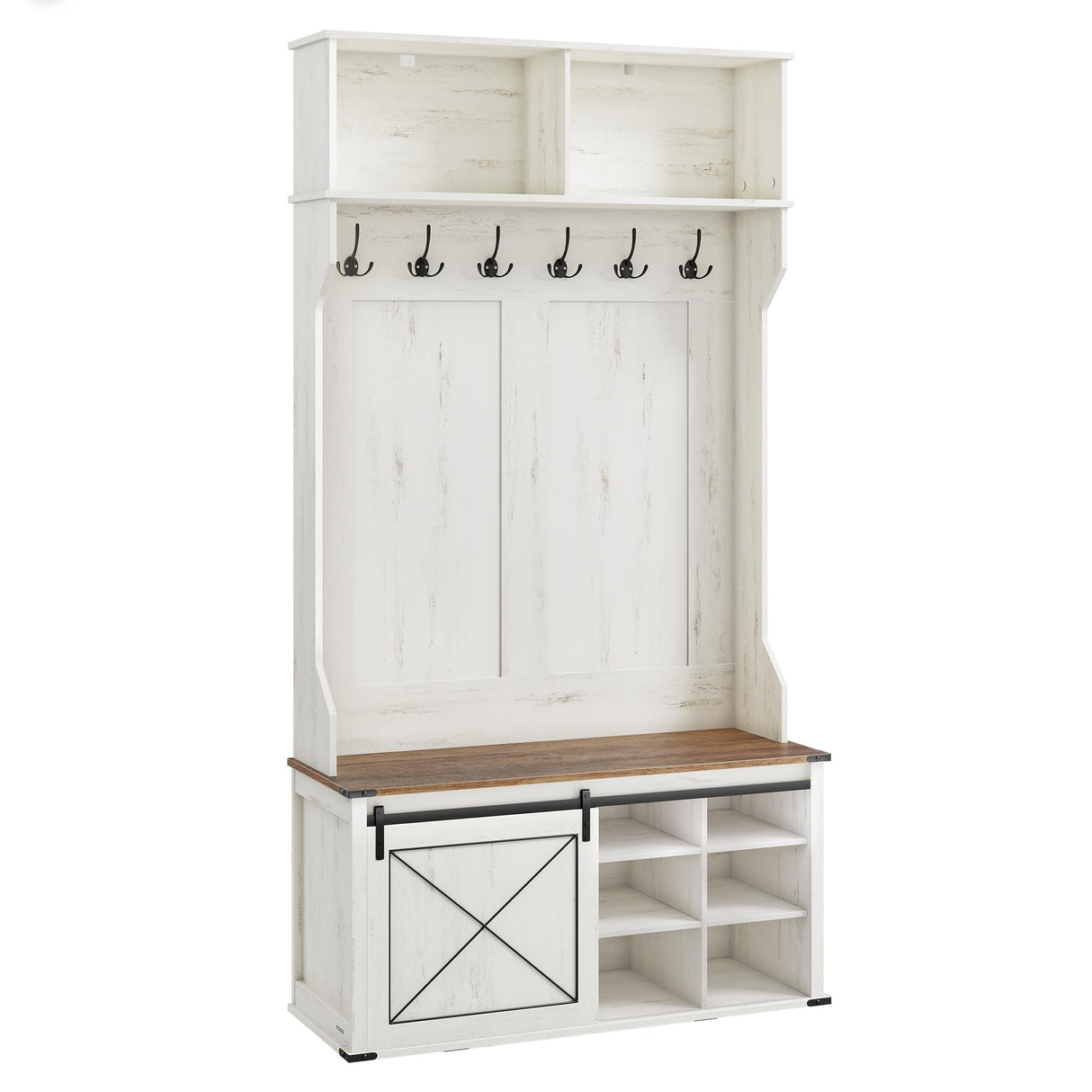 VASAGLE Hall Tree with Bench and Shoe Storage, Coat Rack with Shoe Bench, Entryway Furniture, 6 Tri-Hooks, Sliding Door, Farmfouse Style, Space Saving, Rustic White and Honey Brown UHSR442W01 VASAGLE