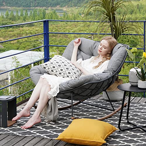 Grand patio Rocking Chair Outdoor, E-Coated Papasan Rocking Chair with Cushion, Outdoor Rocker Recliner Chair for Patio Porch Garden Backyard, Grey Grand patio