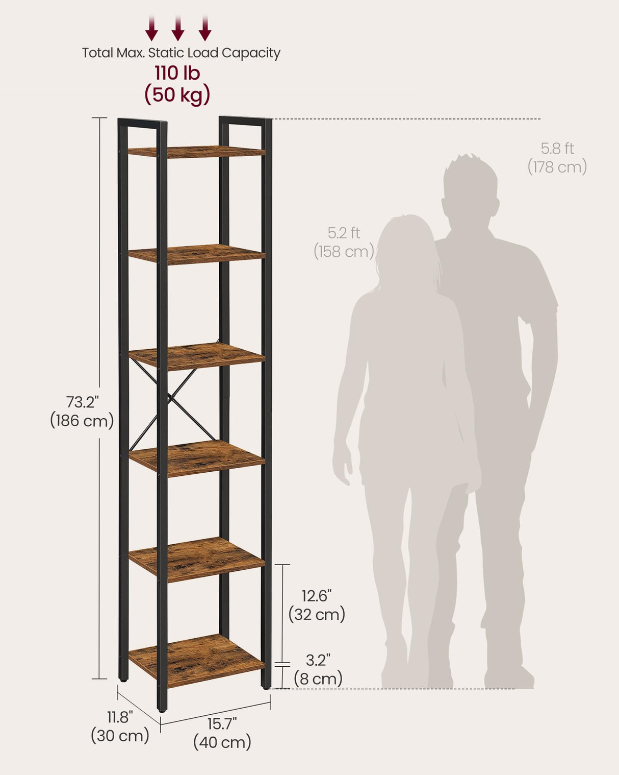 VASAGLE 6-Tier Bookshelf, Bookcase with Steel Frame, Book Shelf for Living Room, Home Office, Study, 11.8 x 15.7 x 73.2 Inches, Industrial Style, Rustic Brown and Ink Black ULLS101B01 VASAGLE