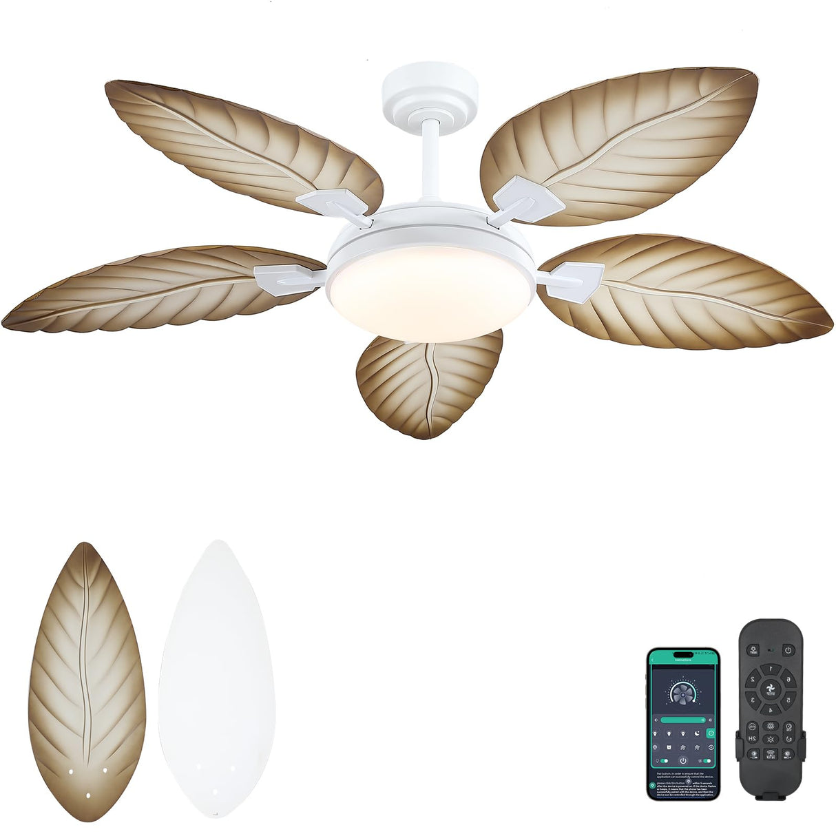 PHORUS 52" Palm Leaf Ceiling Fans with Lights, Outdoor Tropical Ceiling Fans with Remote for Patios Living Room, Dimmable, 6 Speeds, Reversible, Wood Grain PHORUS