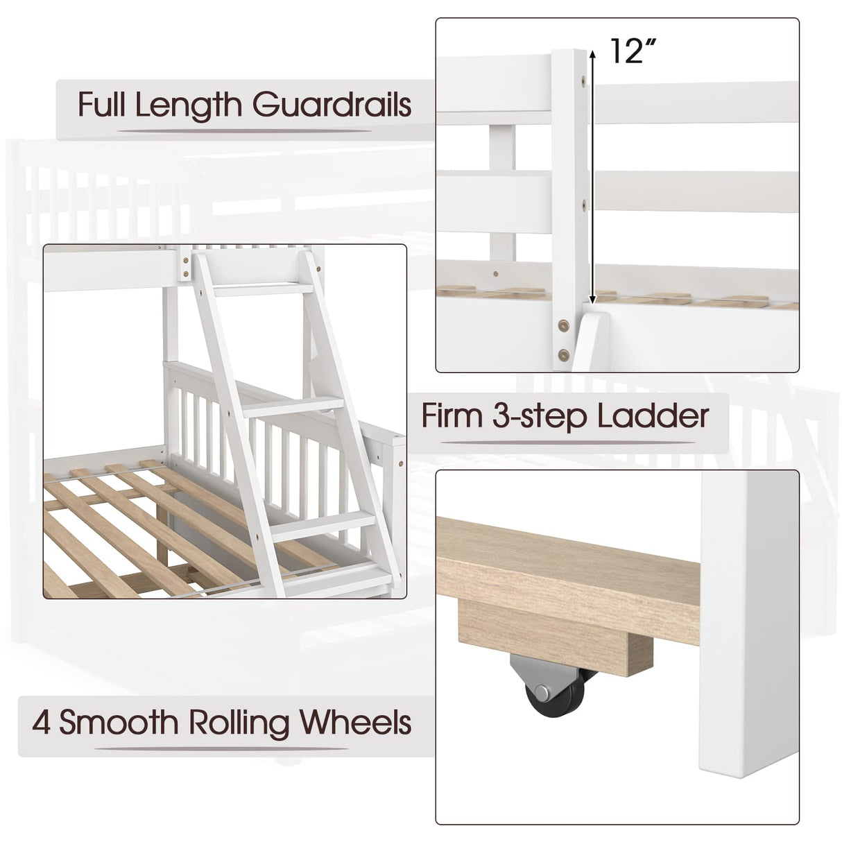 KOMFOTT Solid Pine Wood Twin Over Full Bunk Bed with Trundle and Safety Guardrails KOMFOTT