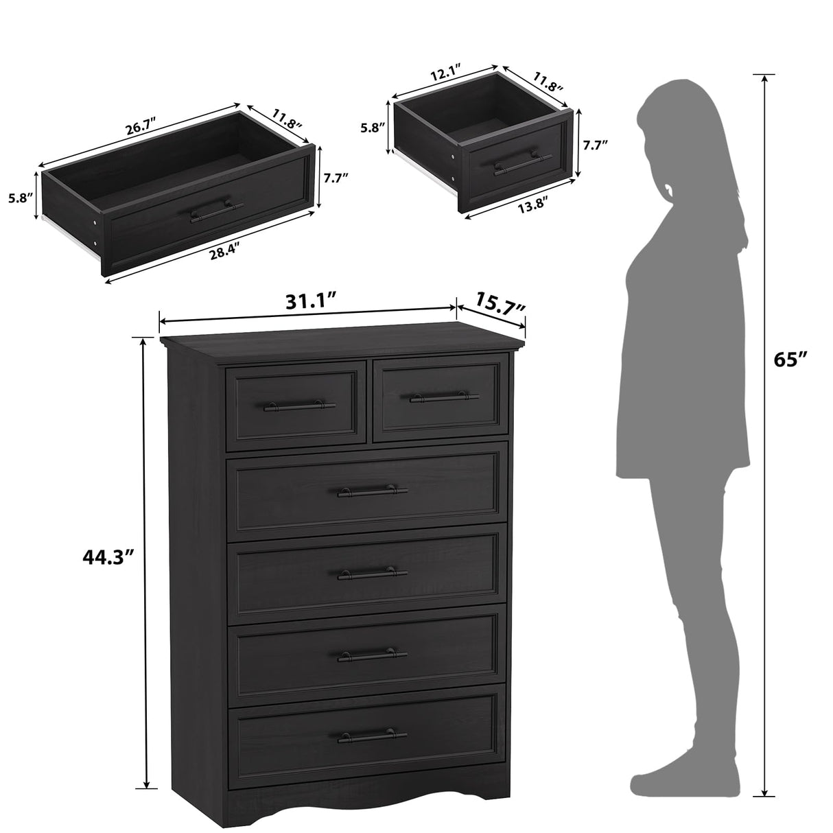Black Dresser for Bedroom, Modern 6 Chest of Drawers, 44" Tall Chest of Drawers w/Brushed Metal Handle, Wood Closet Organizers and Storage Cabinet for Bedroom, Living Room, Hallway Harpaq