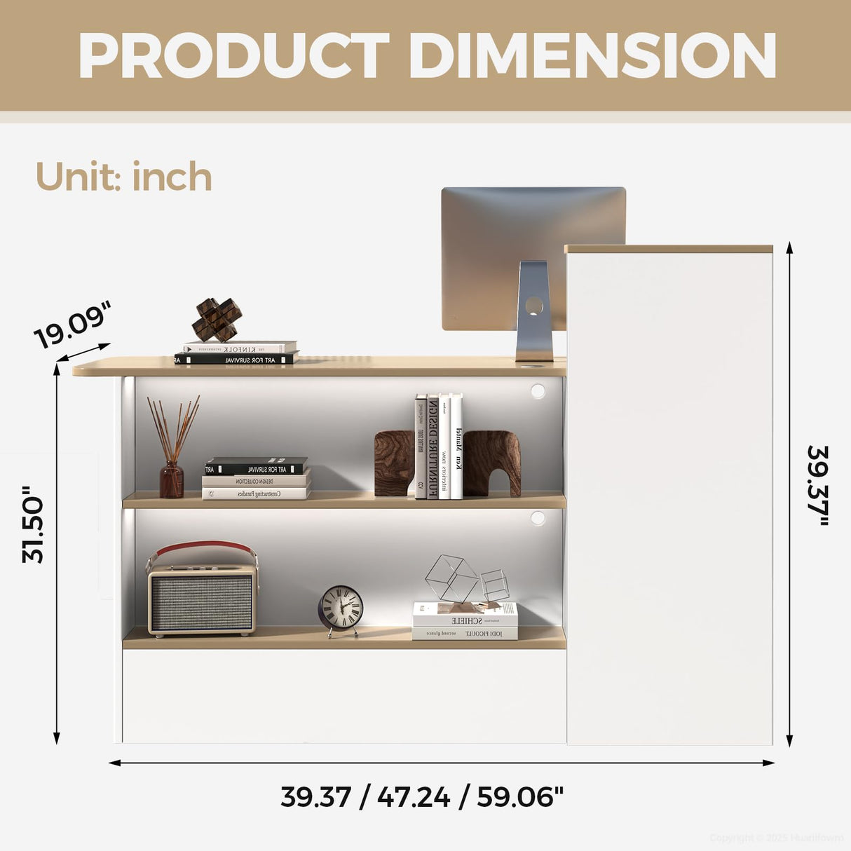 Huariifowm Reception Desk with Counter - Small Reception Desk for Office Counter with Storage Shelves, Drawer & LED Light, for Office, Salon, Store (White+Natural, 59" L * 20" W * 40" H/Left) Huariifowm