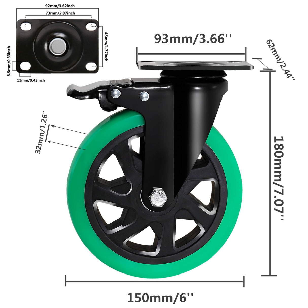 6 Inch Caster Wheels, Casters Set of 4 Heavy Duty, BZOLIHEU Locking Casters, Silent Top Plate Swivel Casters with Brake, Polyurethane Green Castor Wheels for Furniture and Workbench Cart BZOLIHEU