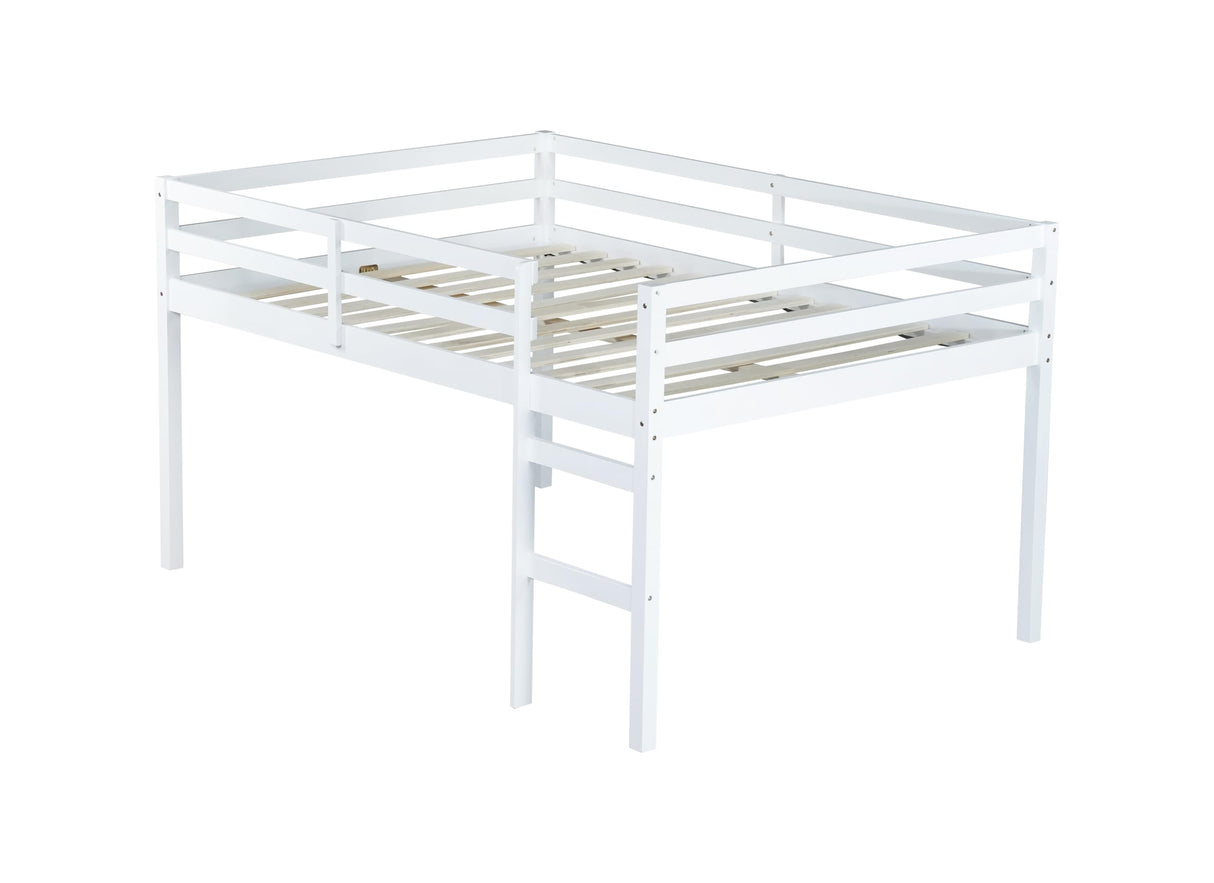 Bellemave Low Loft Bed, Wood Full Loft Bed Frame with Guardrail for Kids Boys Girls, No Box Spring Needed, White Bellemave