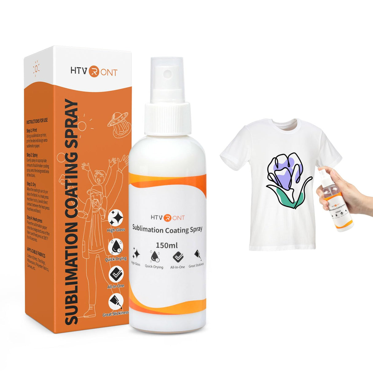 HTVRONT Sublimation Coating Spary for Cotton Shirts - Upgrade Version 150ml Sublimation Spray for All Fabric, Canvas, Pillow, Shirts, Carton, Sublimation Spray Quick Dry & High Gloss & Washable HTVRONT