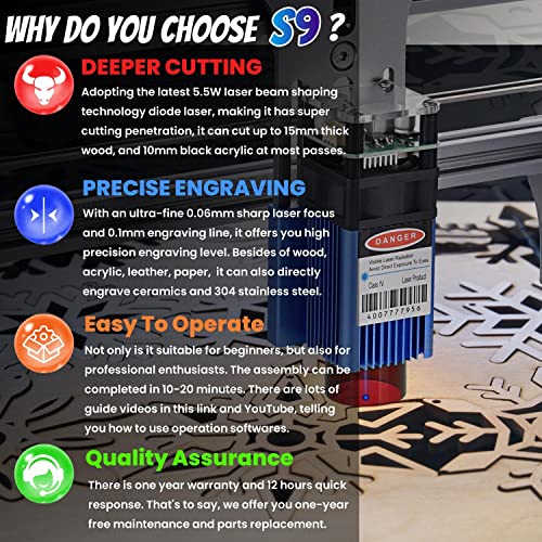 SCULPFUN S9 Laser Engraver Machine with Ultra-Thin Compressed Spot, Laser Class 4, 5000mW Output Laser, Laser Cutter for Making Festival Decorations, Desktop DIY Tool for Laser Cutting & Carving SCULPFUN
