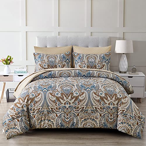 Drucon Brown Paisley Comforter Set Full, 7 Pieces Bed in a Bag Brown Paisley Pattern Comforter Soft Microfiber Bedding Set Full Size with Sheet and Pillowcases for Men Women Drucon