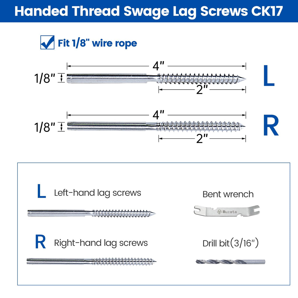 Muzata 120 Pack 1/8" Cable Railing Hardware Kit Swage Lag Screws Left and Right Handed Thread for Wood Post T316 Stainless Steel Deck Cable Railing System 60 Pairs CK17 Muzata