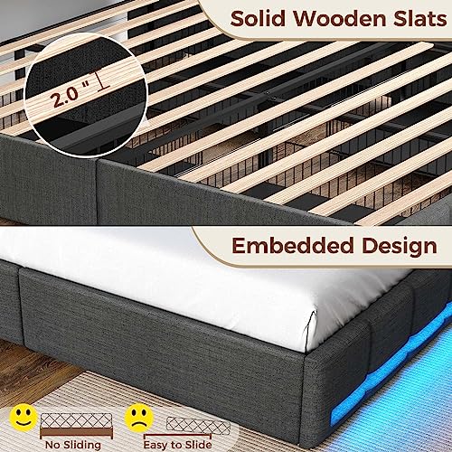 Rolanstar Twin Size Bed Frame with LED Lights and Charging Station, Upholstered Bed Storage Headboard & Drawers, Heavy Duty Wood Slats, Easy Assembly Rolanstar