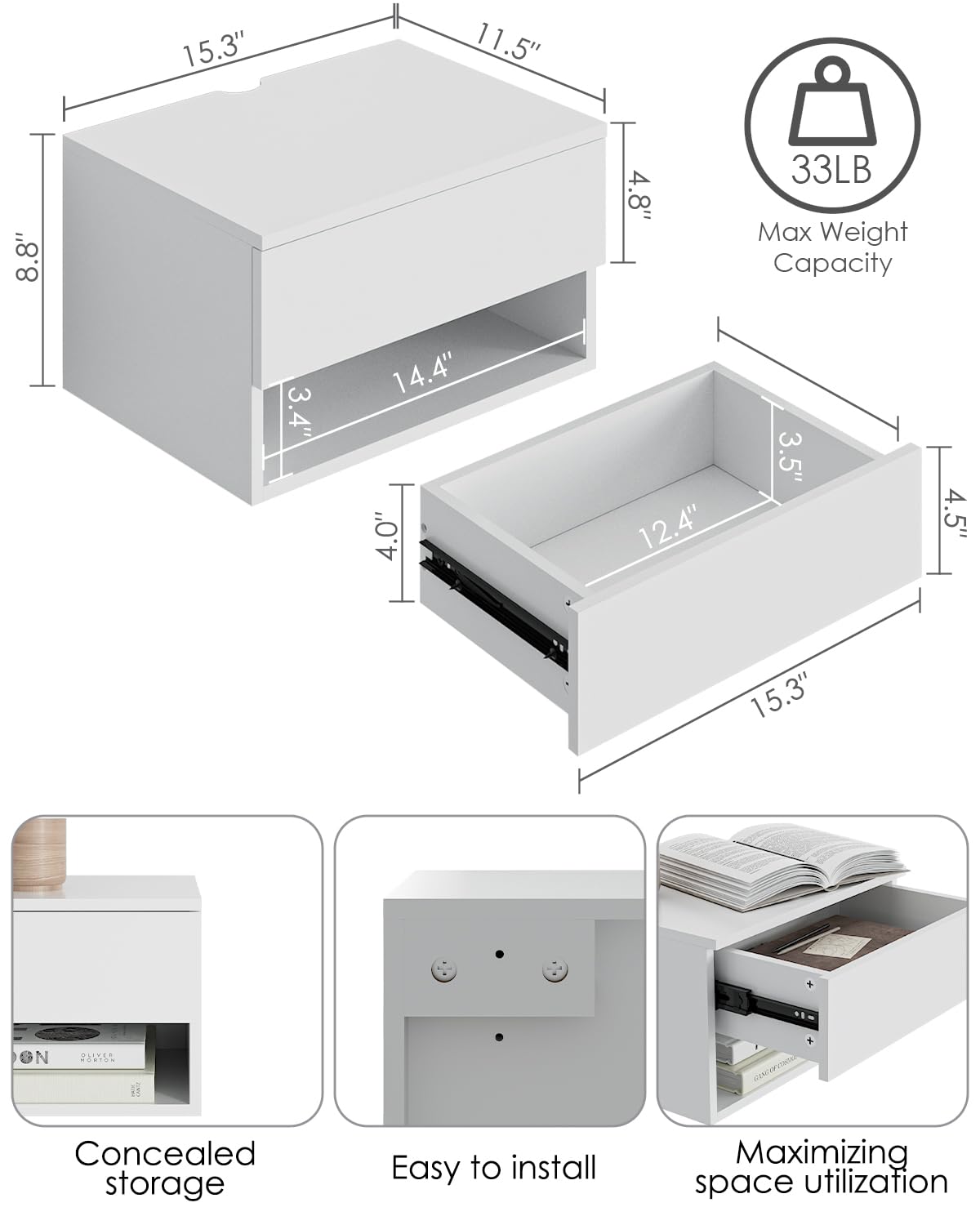 Floating Nightstand, Small Modern Floating Nightstand with Drawer, Floating Shelves for Bedroom, Bathroom (White) Aienvey