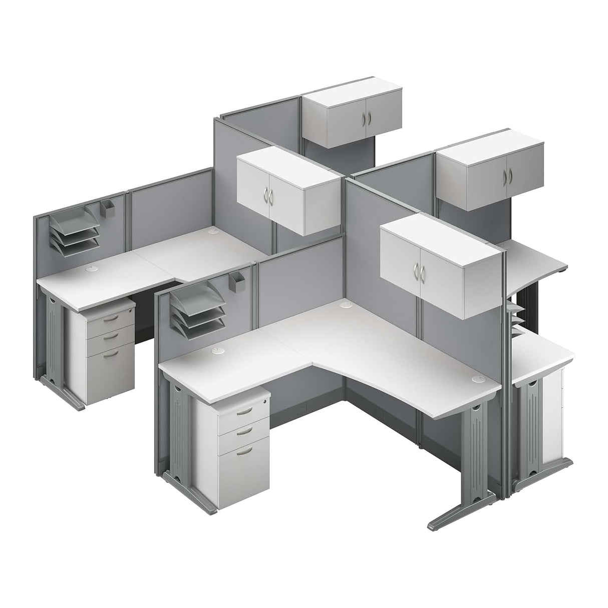 Bush Business Furniture Office in an Hour L Shaped Cubicle Desks with Storage, Drawers, and Organizers | Quad Workstation Set with Privacy Panels for Commercial Workspace, 4 Person, Pure White Bush Business Furniture