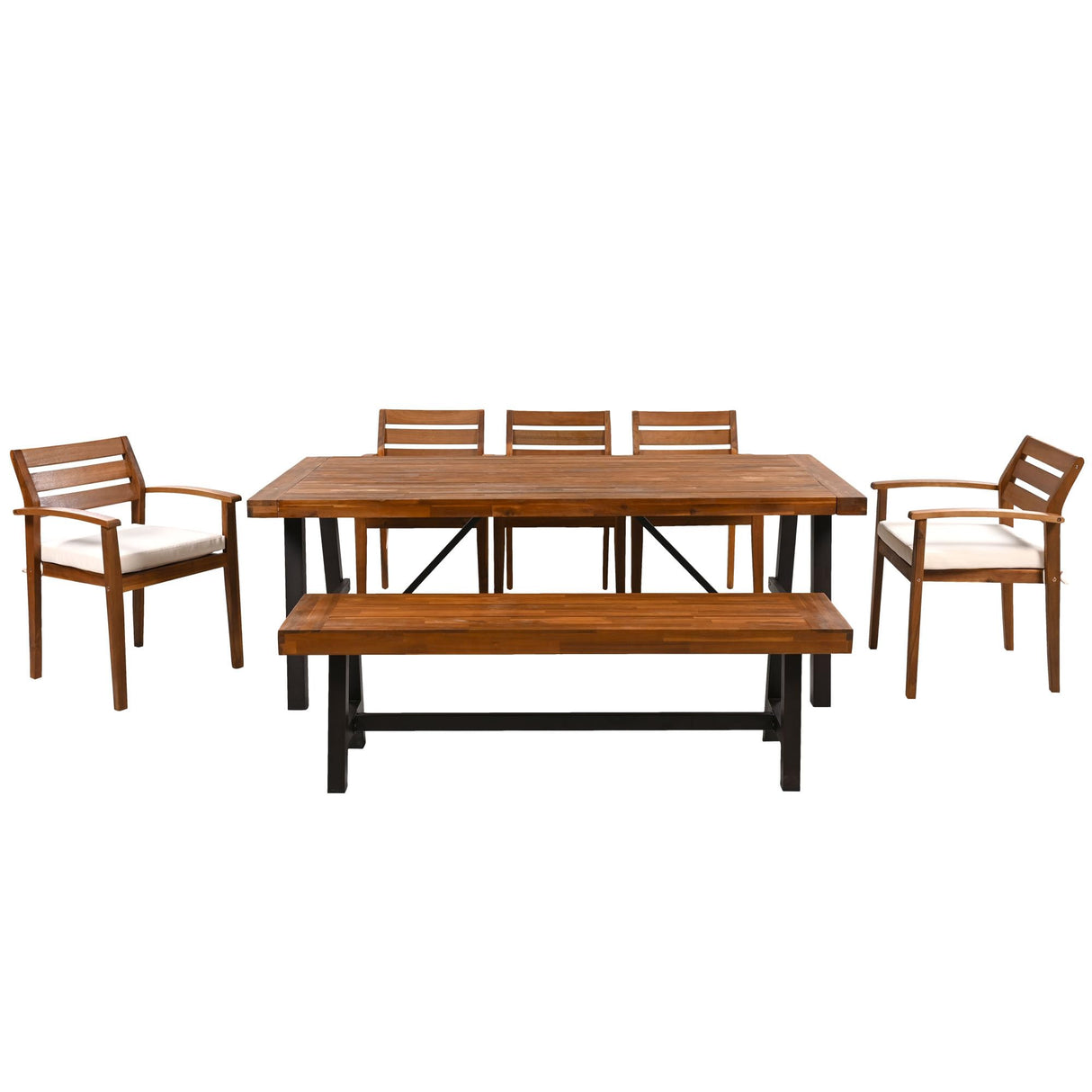 7-Piece Outdoor Dinning Table Set for 7-8, Acacia Wood Patio Table and Chairs Set with Adjustable-Leg & Cushions, Patio Dining Furniture Set for Garden, Balcony, Backyard (Acacia Wood, 7 Piece) GUANGHONG