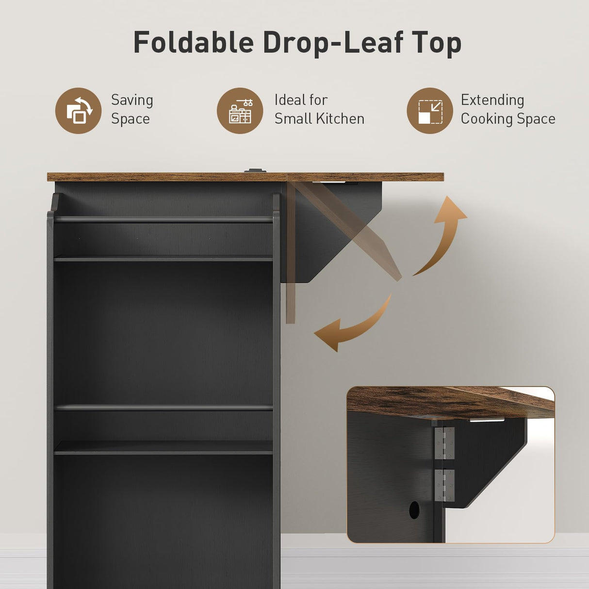 RALGEND Kitchen Island with Power Outlets & Drop Leaf, Rolling Kitchen Cart on Wheels, Kitchen Storage Island with Spice Rack and Drawer for Kitchen, Dinning Room, Black and Rustic Brown RALGEND