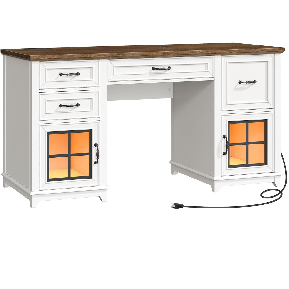 RALGEND 58" Farmhouse Executive Desk with Drawers, Wooden Home Office Desk with Power Outlet & LED Light, Computer Desk with File Drawer and Cabinet, Workspace for Study, White and Walnut RALGEND