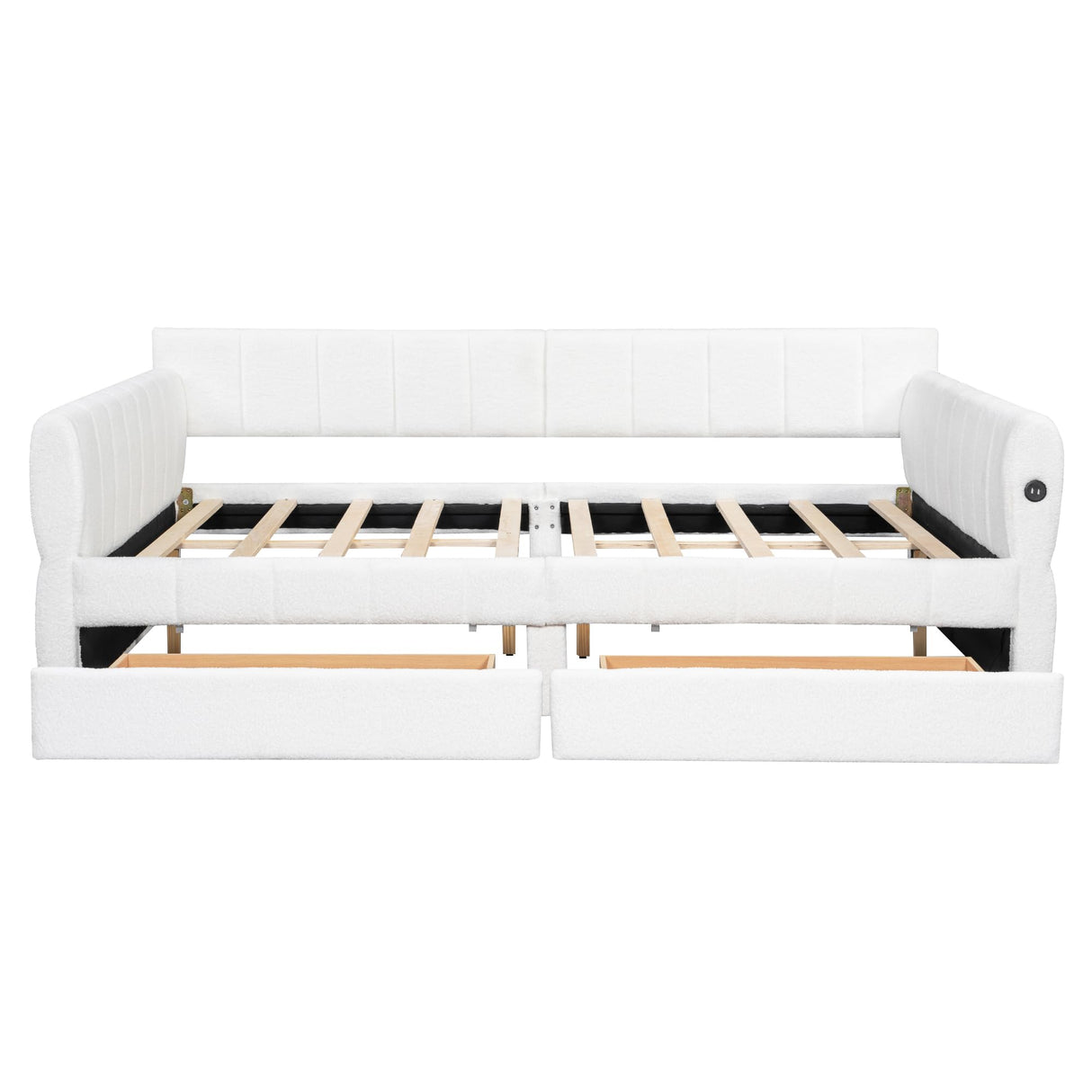 KALALLA Upholstered Queen Size Daybed Frame with Drawers and USB Port, Day Bed with Underneath Storage, Wooden Slats Support, No Box Spring Required, Adults Kids, White KALALLA