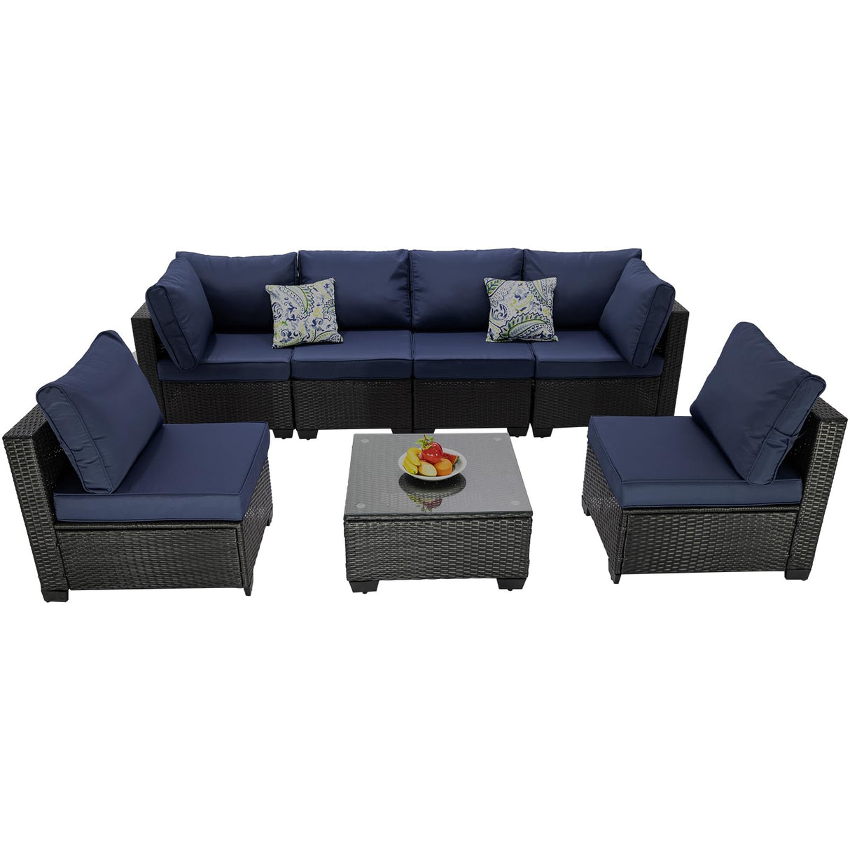 OUGMMGOU 7 Piece Patio Furniture Set, All-Weather Wicker Outdoor Conversation Set with Sectional Sofa, Rattan PE Wicker Seating, Glass Coffee Table, and Cushions (Coffee-Dark blue, Z7) OUGMMGOU