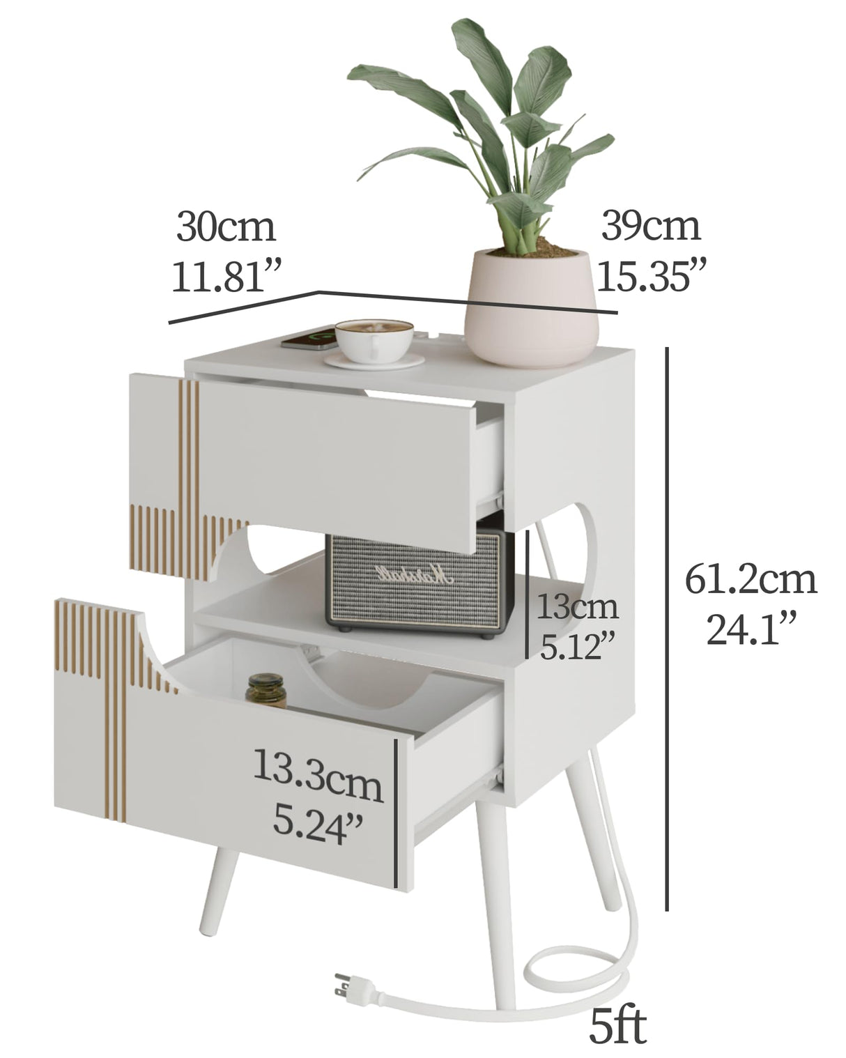 JOONEE White Nightstand with Charging Station and LED Lights,Modern Bedside Table with 2 Storage Drawer,Night Stand with Solid Wood Legs,White (White-2) JOONEE