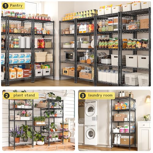 5 Tier Metal Shelving Unit Storage Shelves With Shelf Linker,Adjustable Pantry Shelves Wire Shelving with Hooks,Metal Shelf with Side Blockers for Kitchen,Closet,Office,Laundry,18.1''Wx18.1''Dx59''H DurayLoly