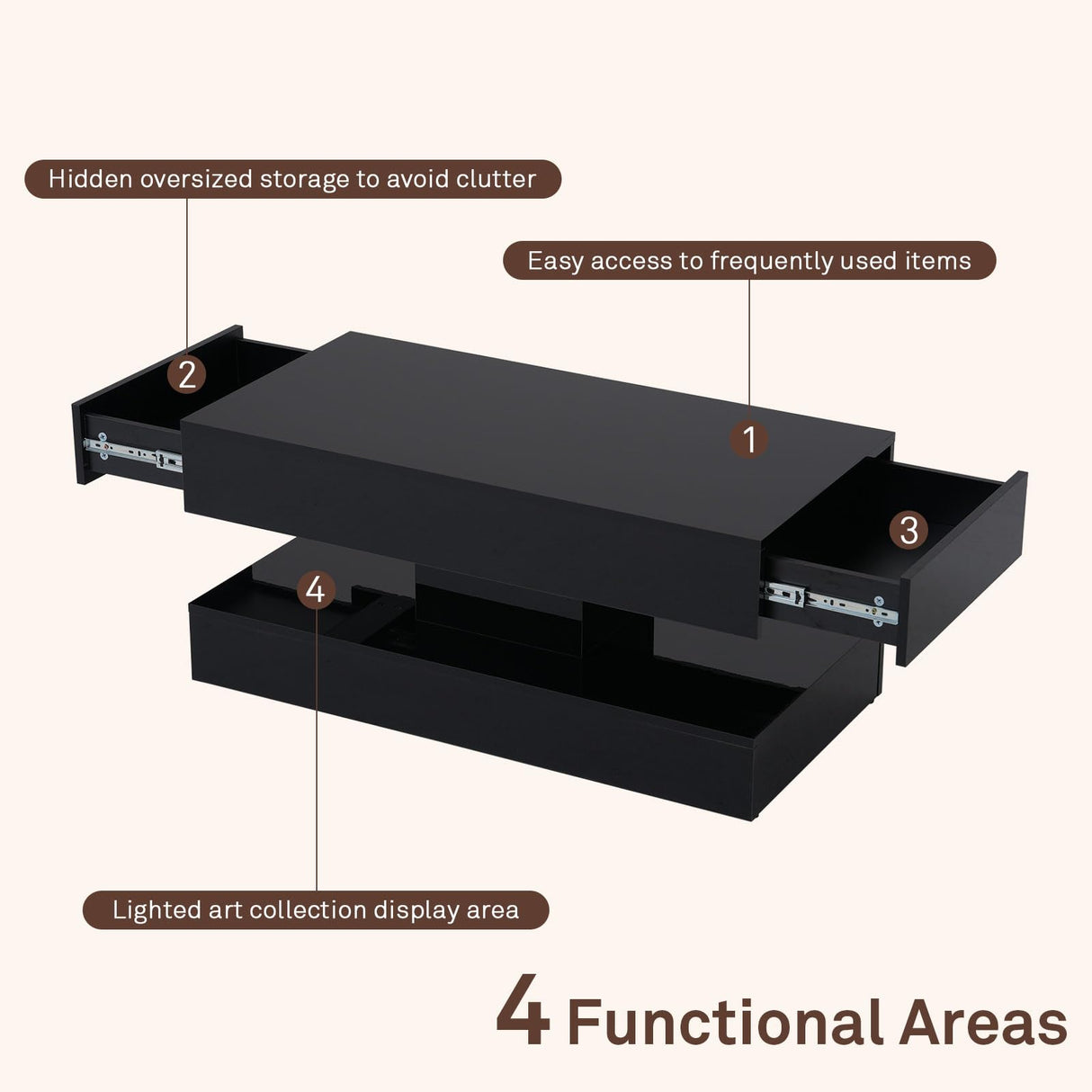 OC Orange-Casual LED Coffee Table with Storage, High Glossy Center Table with 2 Sliding Drawers, Modern Stylish Rectangle Coffee Table Double Layer with Open Display Shelf for Living Room (Black) OC Orange-Casual