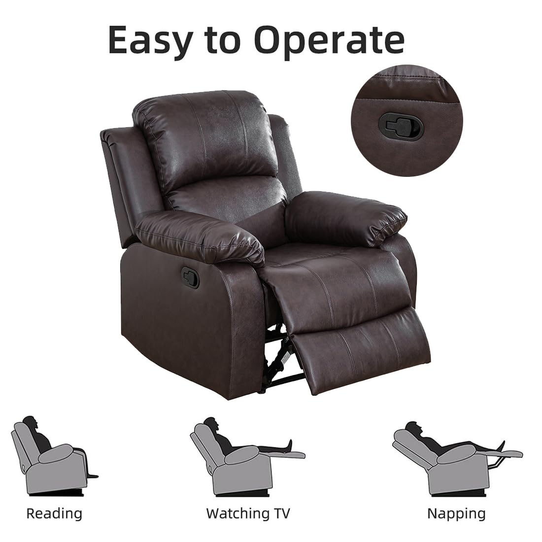 Toseslo Manual Reclining Couch Sofa Set with Drop-Down Table, 3 Pieces Brown Leather Recliner Couch Sets, Living Room Furniture Sets, Recliner Sofa with Storage Console/Cup Holder for Home/Apartment Toseslo