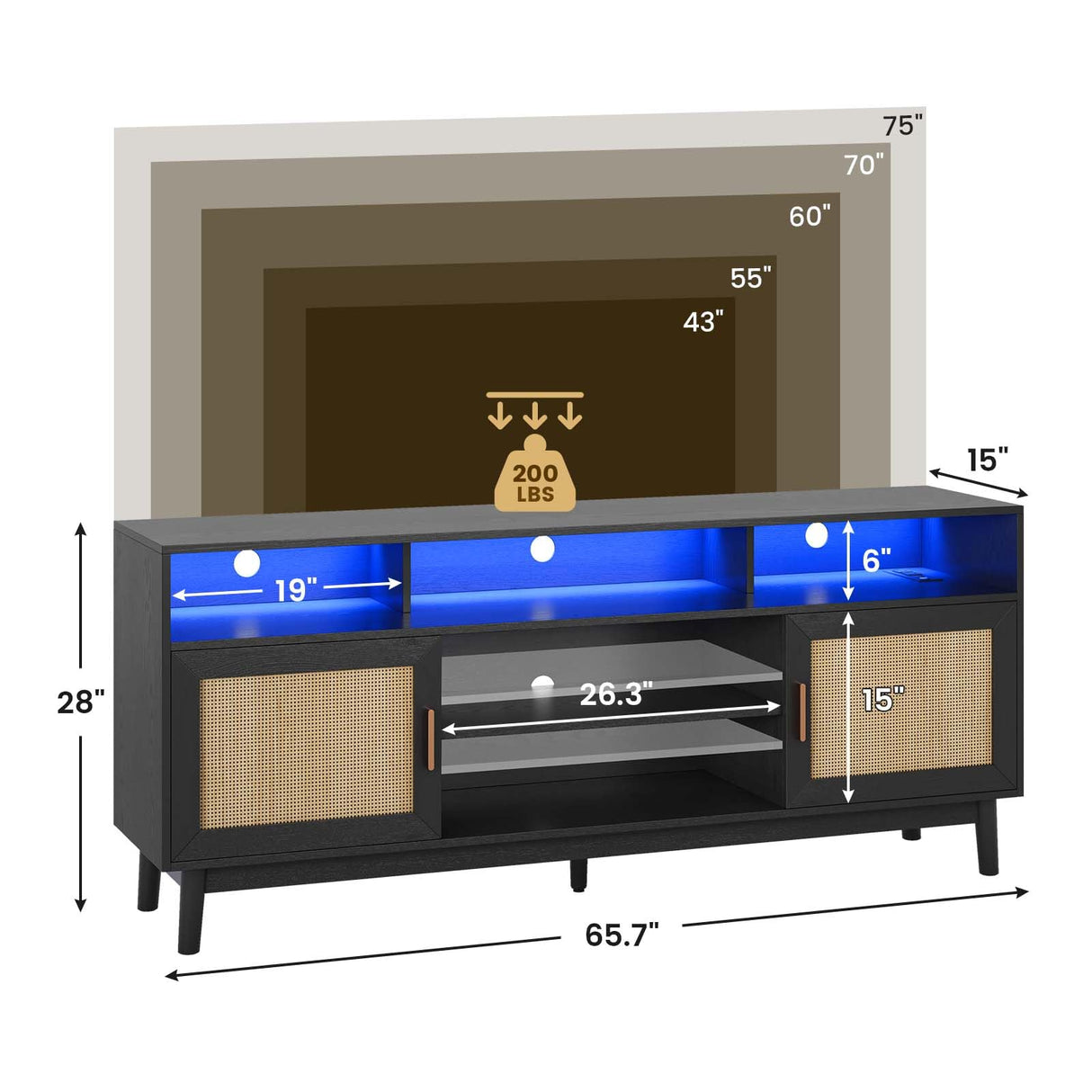 UPOSOJA TV Stand for 75 Inch TV Rattan TV Cabinet with Adjustable Shelf Storage, Modern LED Entertainment Center, Boho Media TV Console, Media TV Stands for Living Room Bedroom (Black) UPOSOJA