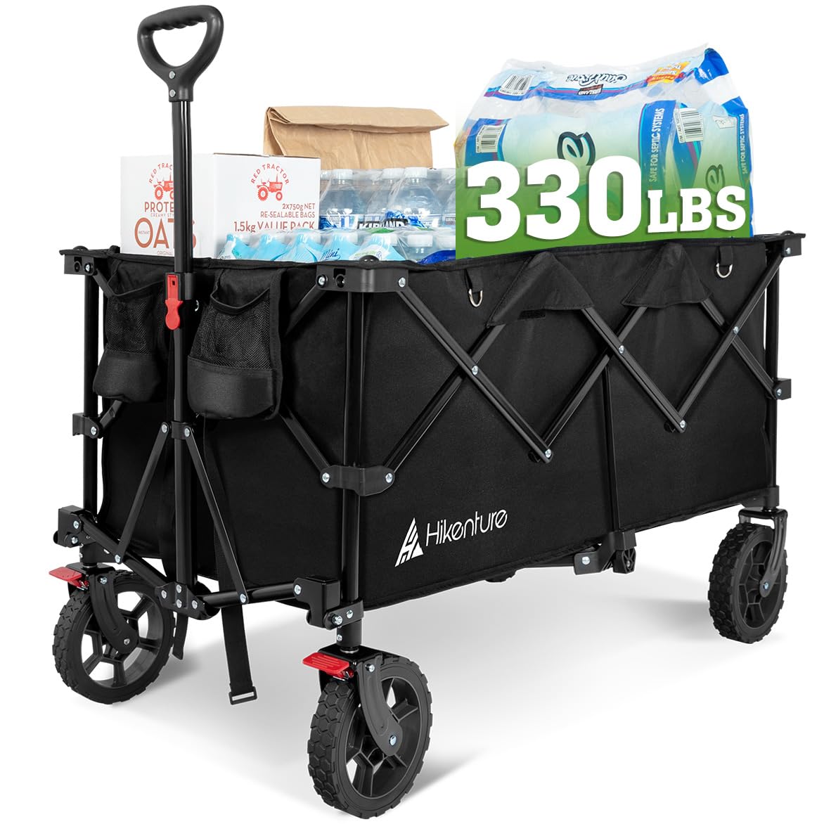 Hikenture 330lbs Collapsible Wagon Cart, Ultra-Large Wagons Carts Foldable, Heavy Duty Folding Wagon with Wheels, Utility All Terrain Wagon for Groceries, Garden, Sports, Beach, Shopping, Black Hikenture