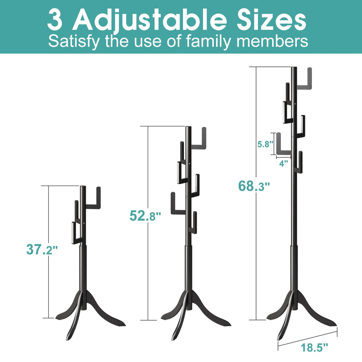 Vriccc Black Coat Rack Freestanding, Bamboo Cactus Coat Tree, Adjustable Height Wooden Coat Stand with 6 Hooks, kids coat rack, Used In The Bedroom Living Room, Office To Hang Clothes, Hats, Bags Vriccc