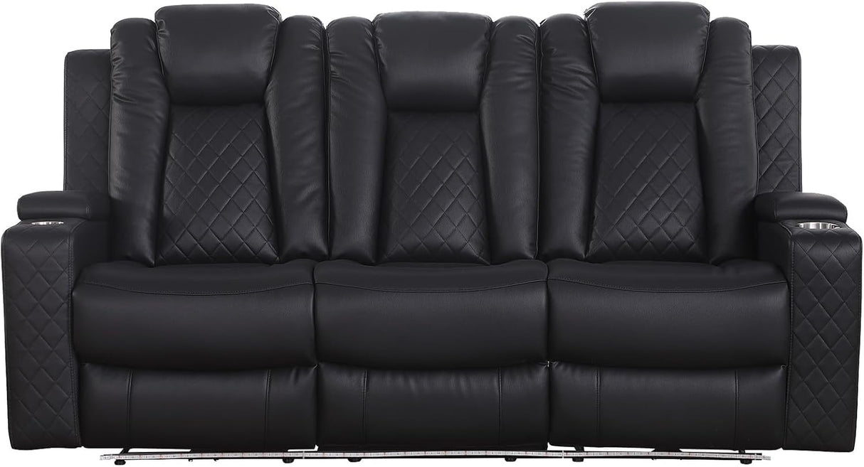 Power Recliner Sofa 3 Seat, Black Leather Reclining Loveseat with Console RV Furniture with Adjustable Headrest/Led Light/Storage/Reading Lamp/Cup Holder/USB&Wireless Charging poplarbox