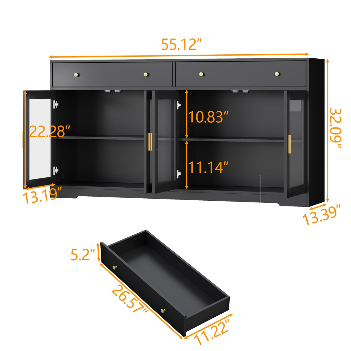 Sideboard Buffet Cabinet with LED Lights, 55.1 Storage Cabinet with 2 Large Drawers & 4 Glass Doors, Modern Kitchen Display Cabinet with Adjustable Shelves, Coffee Bar for Kitchen Living Room (Black) Gyfimoie