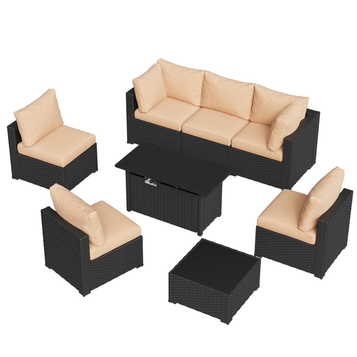 Aoxun 8 Piece Patio Furniture Set with 44” Fire Pit Table Wicker Rattan Patio Sectional Sofa Set Outdoor Seating Furniture with Thickened Cushion, Beige Aoxun