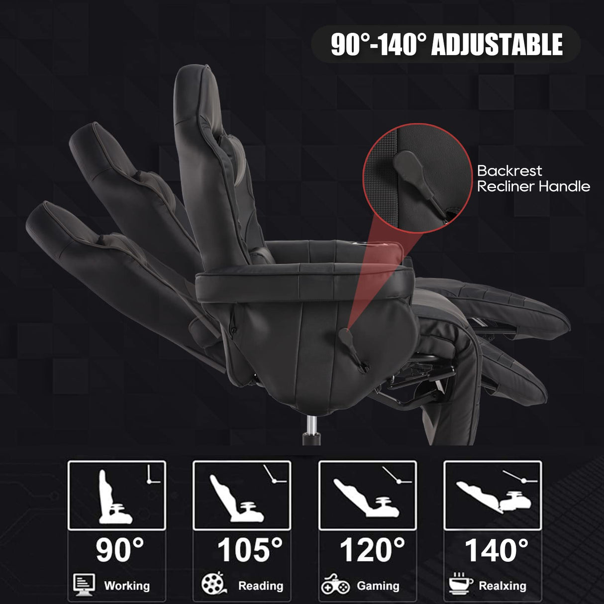 Consofa Gaming Chair, Reclining Gaming Chair with Footrest, PU Leather Massage Video Gaming Recliner Chair w/Adjustable Height, Swivel Gaming Chair with Lumbar Support, Side Pouch (Black) Consofa