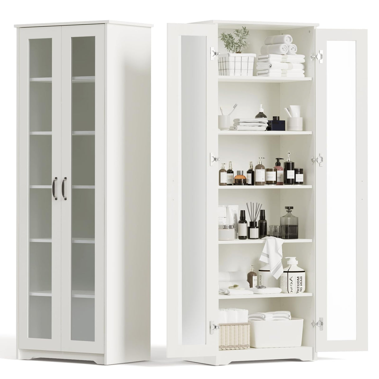 Teekyooly 70" Tall Display Cabinet Storage, Pantry Cabinet with 2 Doors and 6 Adjustable Shelves, Standing Utility Cabinet for Dining Room, Food Storage and Kitchen, Clear and White Teekyooly